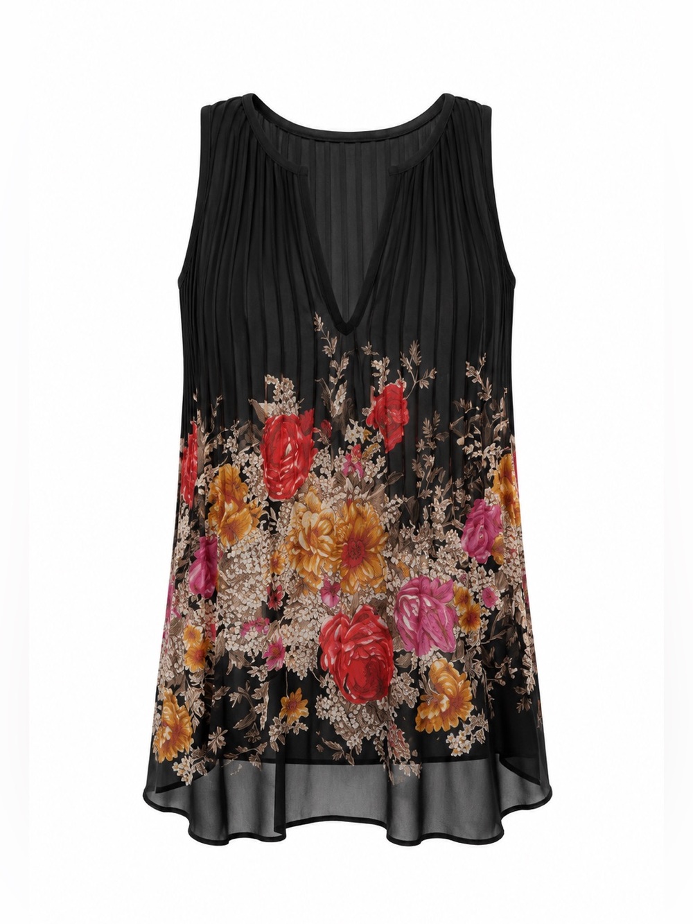 Joie Black Floral Pleated V-Neck Camisole with Pink & Yellow Flowers